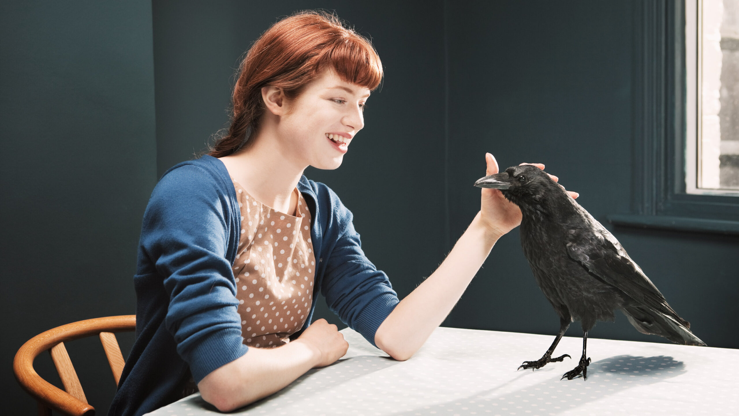 woman petting a crow at a kitchen table